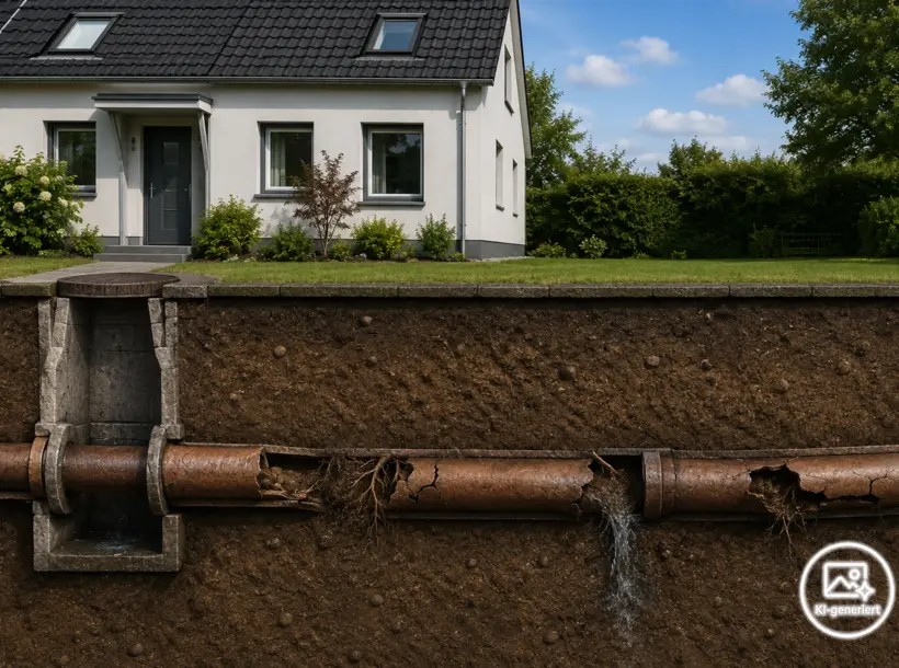 Beschädigte Abwasserleitung (KI-generiertes Bild) Beschädigte Abwasserleitung (KI-generiertes Bild)